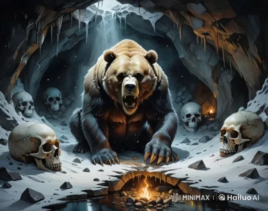 Bear and Skulls Share Macabre Laughter in Icy Cave – AI Generated Video | Hailuo AI