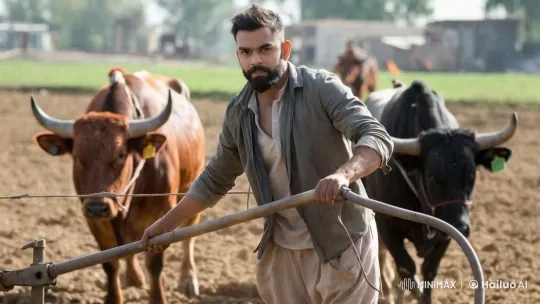 Traditional Farming: Man Ploughing Field with Bulls – AI Generated Video | Hailuo AI