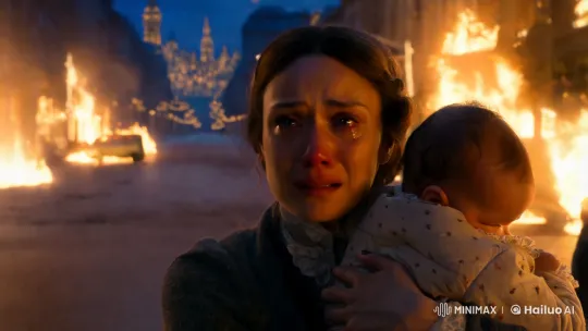 Woman with Infant Amidst City Flames – AI Generated Video | Hailuo AI