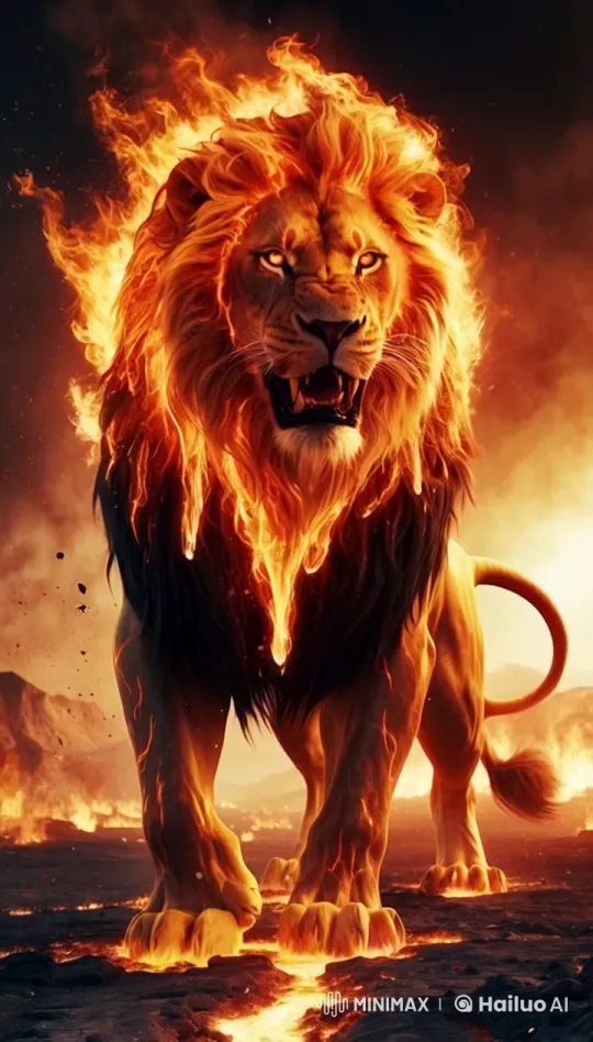 Lion Roars Amidst Fiery Lava Landscape – AI Generated Video | Hailuo AI