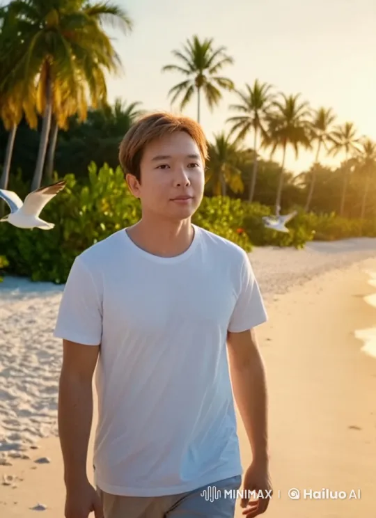 Evening Stroll on a Pristine Beach at Sunset – AI Generated Video | Hailuo AI