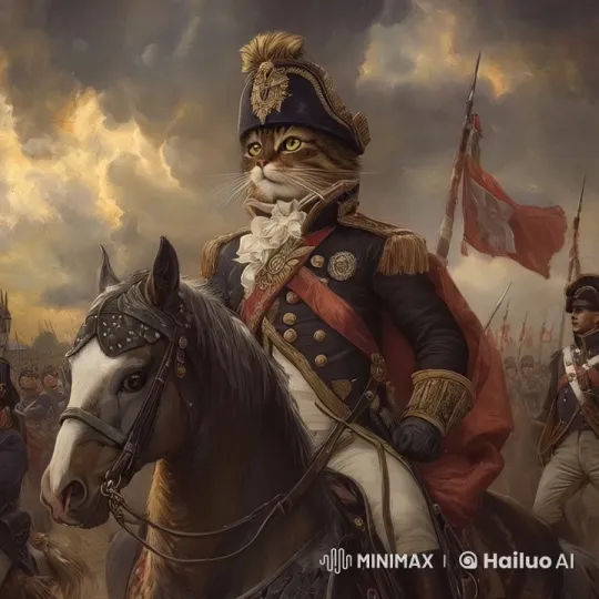 Regal Cat Officer Commands on Horseback Amidst Epic Battle Scene – AI Generated Video | Hailuo AI