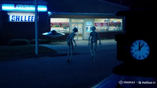 Aliens in Suburbia: Surveillance Footage of Urgent Nighttime Visit – AI Generated Video | Hailuo AI