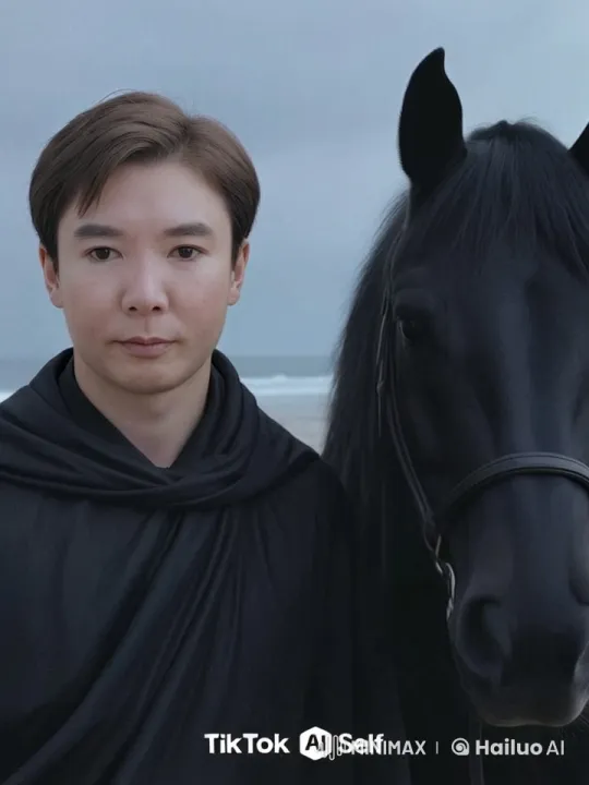 Person and Horse Walk in Harmony on Overcast Beach – AI Generated Video | Hailuo AI