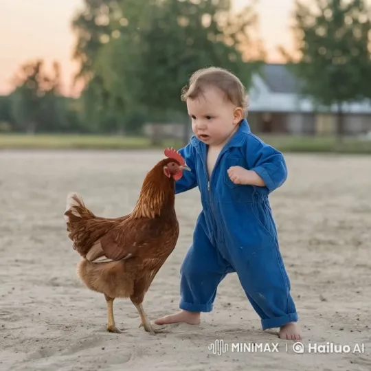 Boy vs. Chicken: Quirky Fight on Sandy Ground – AI Generated Video | Hailuo AI