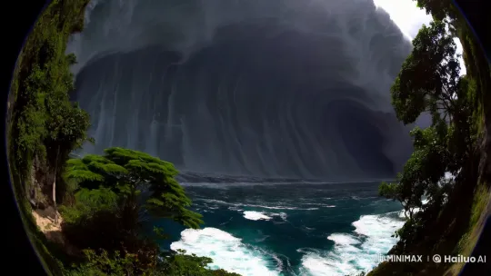 Dramatic Fish-Eye Lens Captures Tsunami's Menace – AI Generated Video | Hailuo AI