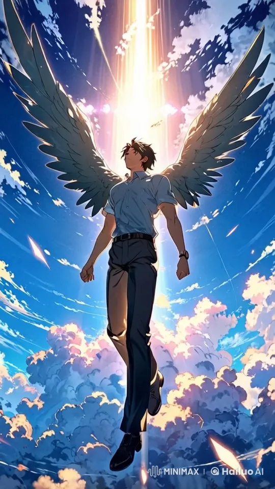 Angel Figure Ascends in Mystical Sky Through Time – AI Generated Video | Hailuo AI