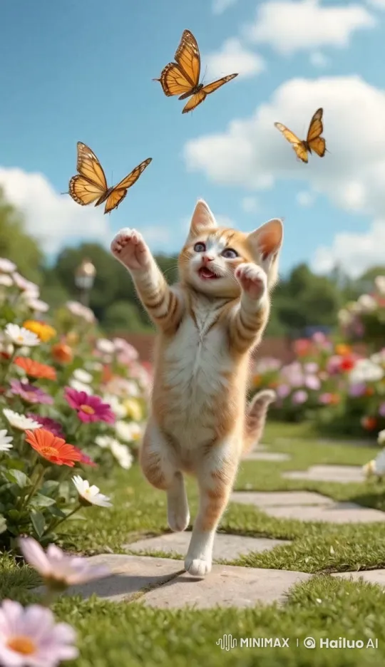 Orange Kitten Playfully Reaches for Monarch Butterflies – AI Generated Video | Hailuo AI