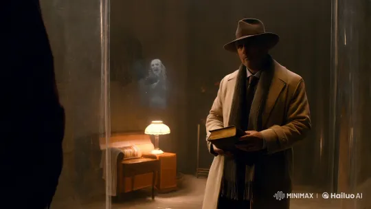Man in Beige Coat Confronts Ghost in Dimly Lit Room – AI Generated Video | Hailuo AI