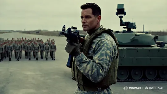 Military Base Drama: Camouflaged Man with Machine Gun – AI Generated Video | Hailuo AI