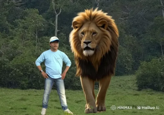 Man and Lion Walk in Harmony Through Lush Forest – AI Generated Video | Hailuo AI