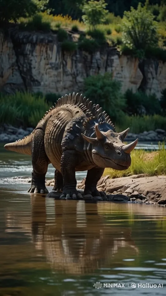 Stegosaurus Protects Offspring by Tranquil River – AI Generated Video | Hailuo AI