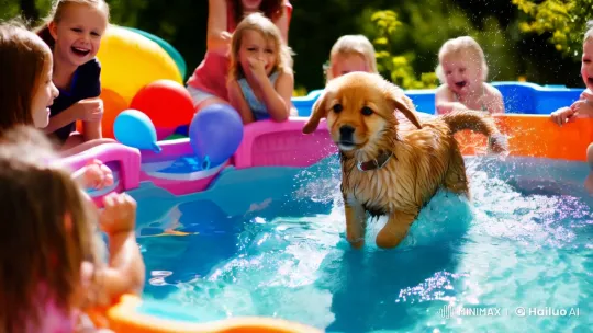 Golden Puppy Frolics in Sunlit Kiddie Pool – AI Generated Video | Hailuo AI