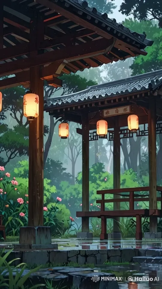 Peaceful Japanese Garden Gazebo Amidst Rainfall Serenity – AI Generated Video | Hailuo AI