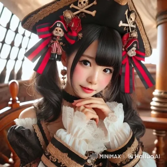 Pirate Girl in Black and Gold Amidst Sunlit Ship's Deck – AI Generated Video | Hailuo AI