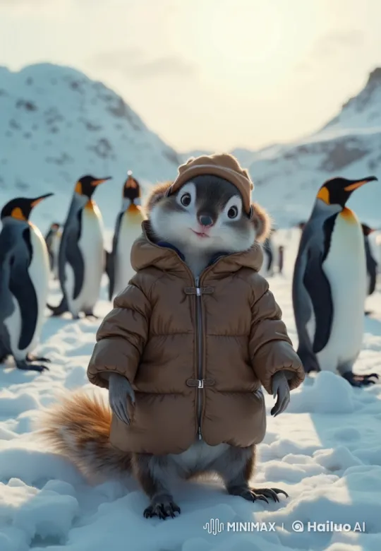 Chipmunk Meets Penguins in Enchanted Winter Wonderland – AI Generated Video | Hailuo AI