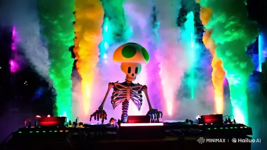 Skeletal DJ's Phosphorescent Performance in Enchanting Night Sky – AI Generated Video | Hailuo AI