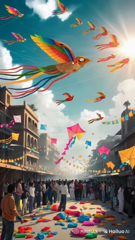 Joyful Kite-Flying Festival in Bustling Street – AI Generated Video | Hailuo AI