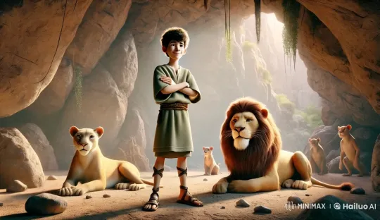 Boy Stands Confidently Among Calm Lions in Sunlit Cave – AI Generated Video | Hailuo AI