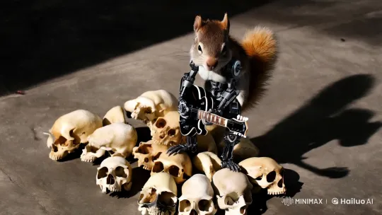 Cyborg Squirrel Shreds Guitar on Cat Skulls – AI Generated Video | Hailuo AI