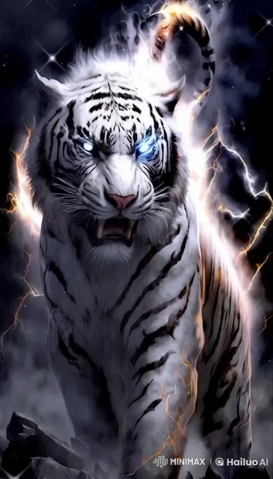 Majestic White Tiger Roars Amid Lightning Storm – AI Generated Video | Hailuo AI