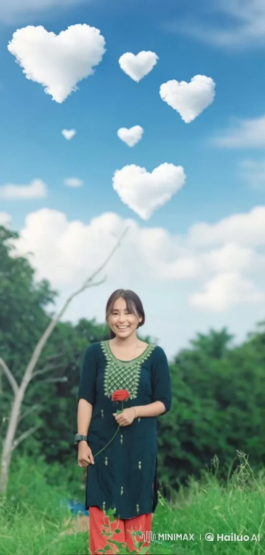 Woman in Field With Rose Amidst Heart-Shaped Clouds – AI Generated Video | Hailuo AI