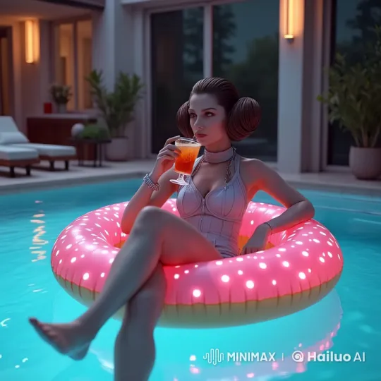 Woman Relaxing on Pool Ring with Drink, Evening Glow – AI Generated Video | Hailuo AI