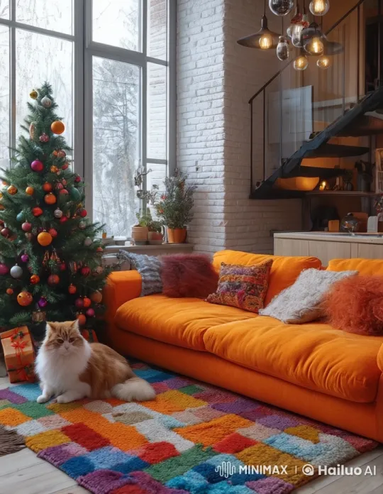 Cozy Winter Scene with Cat on Christmas Rug – AI Generated Video | Hailuo AI