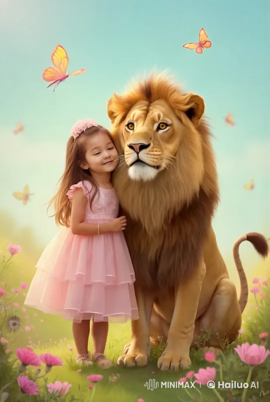 Girl and Lion Stroll Through Enchanted Meadow – AI Generated Video | Hailuo AI