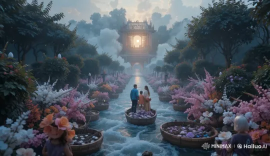 Family Floats Through Enchanted Garden with Golden Sunset – AI Generated Video | Hailuo AI