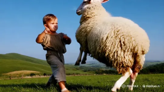 Child and Sheep Engage in Playful Pastoral Duel – AI Generated Video | Hailuo AI
