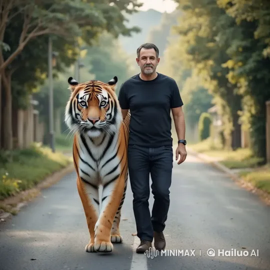Man and Tiger Stroll in Harmony on a Serene Street – AI Generated Video | Hailuo AI