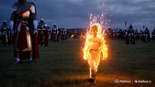 Child in Fiery Aura Crosses Medieval Battlefield – AI Generated Video | Hailuo AI