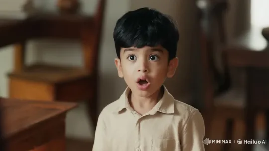 Boy Surprised, Invites Hug in Cozy Setting – AI Generated Video | Hailuo AI
