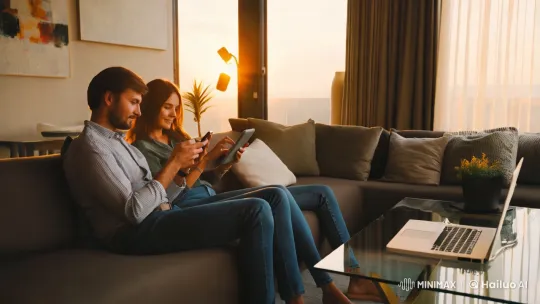 Modern Couple in Minimalist Living Room Amidst Digital Devices – AI Generated Video | Hailuo AI