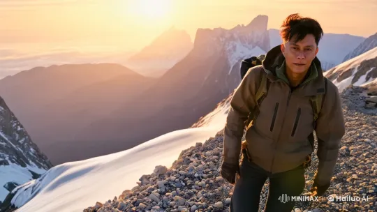 Man Conquers Majestic Mountains in Dramatic Adventure Scene – AI Generated Video | Hailuo AI