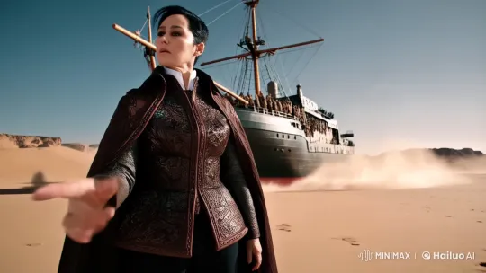 Commander Guides Crew to Ship in Dusty Desert Setting – AI Generated Video | Hailuo AI