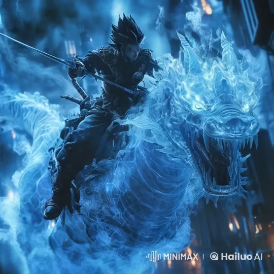 Warrior and Blue Dragon in Dramatic Flight Over Mystical City – AI Generated Video | Hailuo AI