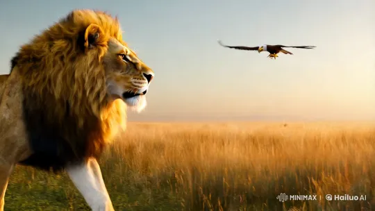 Lion and Eagle: A Majestic Savannah Standoff – AI Generated Video | Hailuo AI