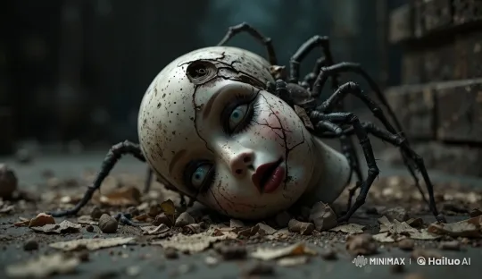 Gothic Scene: Spider Emerges from Broken Doll's Head – AI Generated Video | Hailuo AI