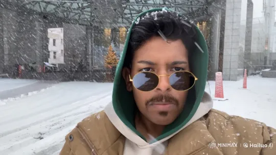 Winter Scene: Person Smoking in Snowy Christmas Setting – AI Generated Video | Hailuo AI