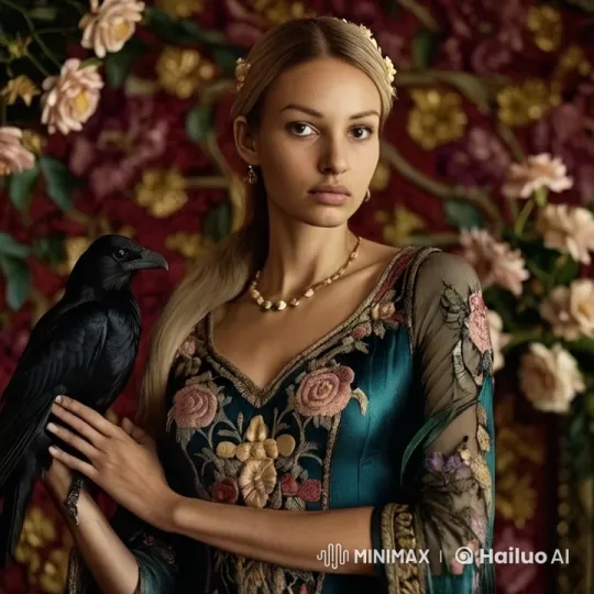Girl Soothes Anxious Raven Amidst Flowery Serenity – AI Generated Video | Hailuo AI
