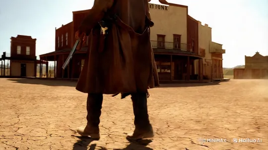 Solitary Bounty Hunter in Western Town Tracking Shot – AI Generated Video | Hailuo AI