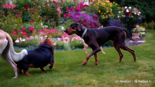 Family of Dogs Strolls Through Serene Garden – AI Generated Video | Hailuo AI