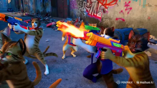 Anthropomorphic Cats vs. Dogs: Animated Alley Gunfight – AI Generated Video | Hailuo AI