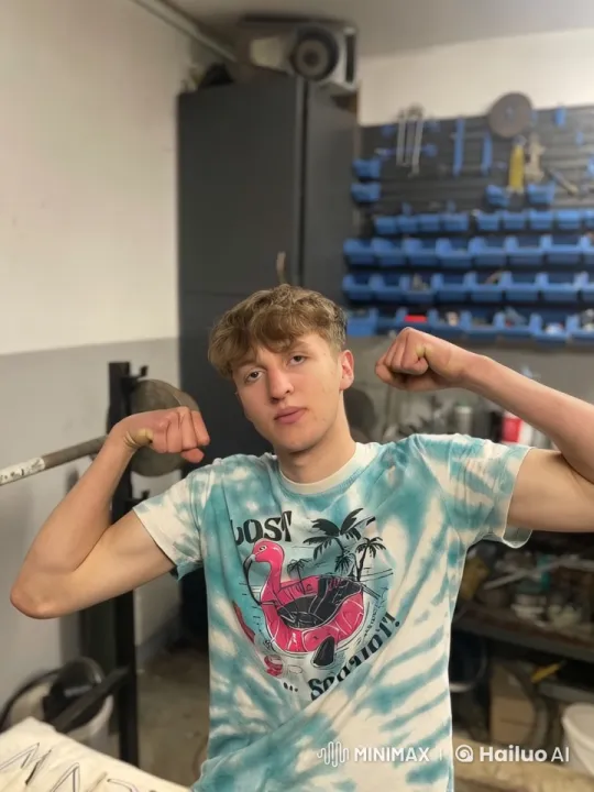 Young Man Flexes in Cluttered Garage Amid Affectionate Moment – AI Generated Video | Hailuo AI