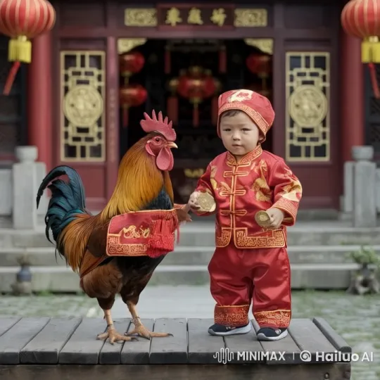 Child and Rooster Perform Kung Fu Dance in Temple Setting – AI Generated Video | Hailuo AI