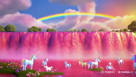 Pink-Tinted Waterfall with Magical Unicorns and Rainbow – AI Generated Video | Hailuo AI