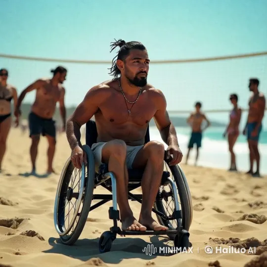 Beach Stillness: Man in Wheelchair Amidst Activity – AI Generated Video | Hailuo AI