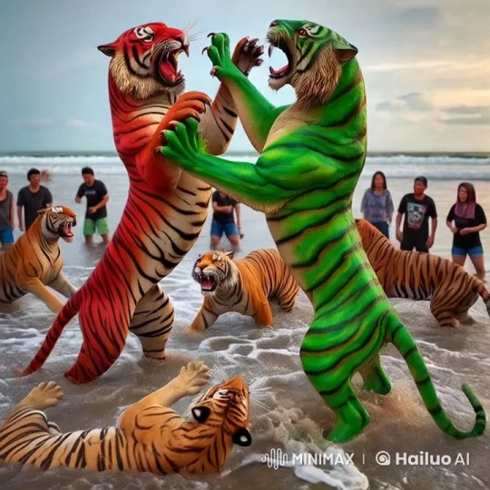Realistic Tigers Clash on Beach in Stunning 48K Resolution – AI Generated Video | Hailuo AI